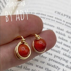 Dainty gold red jade studs statement gem earrings
